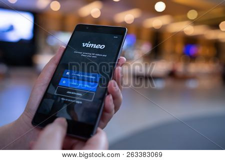 Chiang Mai, Thailand - August 03,2018: Woman Holding Huawei With Vimeo On Screen.  Vimeo Is A Video-