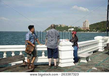 Thai People And Foreigner Travelers Visit Travel And Posing For Take Photo At Laem Thaen Cape In Cho