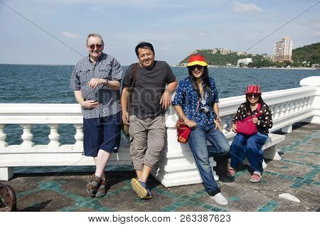 Thai People And Foreigner Travelers Visit Travel And Posing For Take Photo At Laem Thaen Cape In Cho
