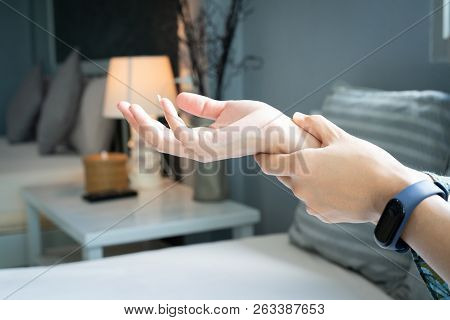 Woman Wrist Arm Pain. Office Syndrome Healthcare And Medicine Concept