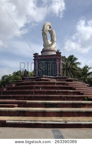 Sculpture Of Dolphins On The Waves Monument In Laem Thaen Cape At Bang Saen Beach In Chonburi, Thail