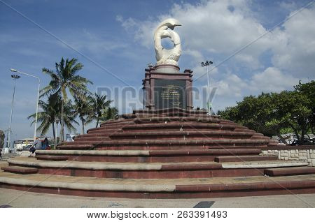 Sculpture Of Dolphins On The Waves Monument In Laem Thaen Cape At Bang Saen Beach In Chonburi, Thail