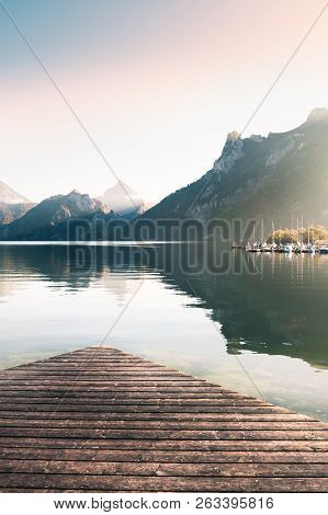 Traunsee Lake In Alps Mountains; Austria. Autumn Landscape