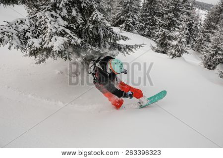 Male Snowboarder Riding Down The Hill Between Trees On The Powdered Snow In The Mountain Tourist Res