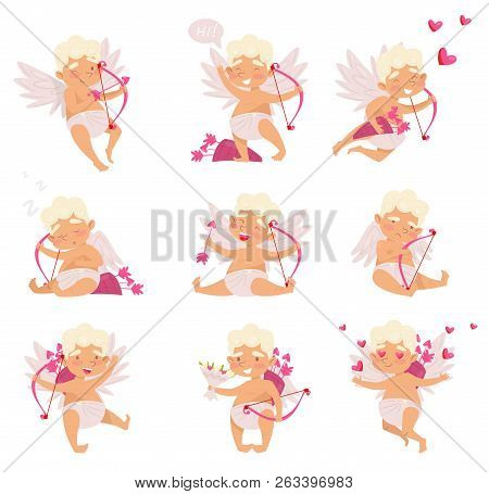 Flat Vector Set Of Cute Cupid In Different Actions. Cartoon Little Boy With Wings. Angel Of Love Wit