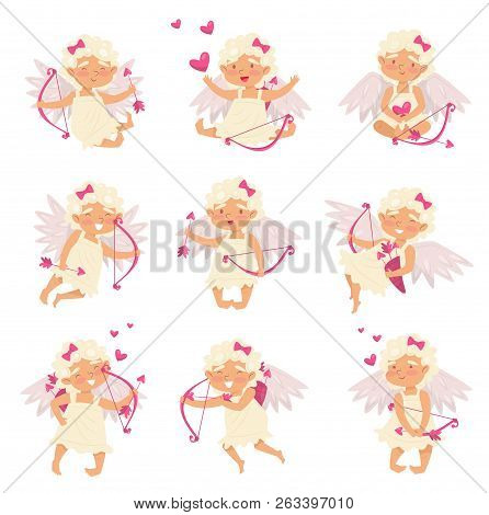 Flat Vector Set Of Adorable Cupid In Different Actions. Angel Of Love. Cartoon Little Girl With Wing