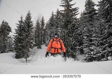 Man Walking On The Snowcover In The Mountain Up The Hill In The Popular Tourist Resort In Goderzi, G
