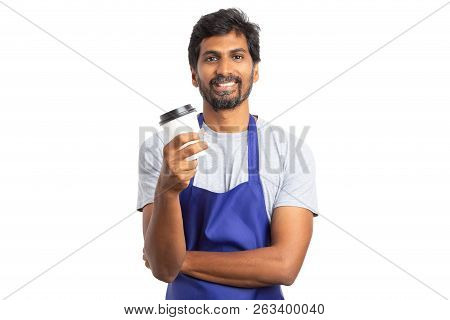 Smiling Hypermarket Or Grocery Store Employee Enojoying Pause With Coffee To Go Mug Isolated On Whit