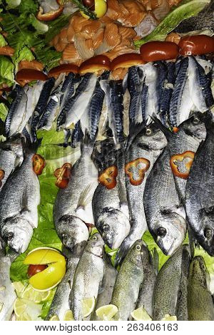 Mixed Fish For Sale On A Market With Vegetables, Sea Bream, Orata, Dorada, Salmon, Trout, Mackerel, 