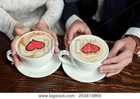 Bride And Grooms Coffee Time, Coffee Break.cups With Hearts
