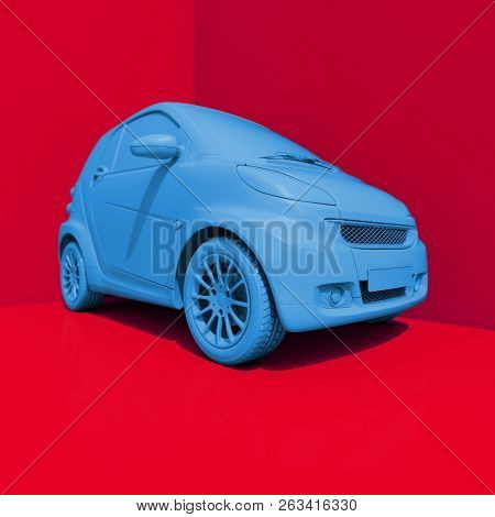 3d Small Modern Compact Car with Glossy Paint, Hi-Detailed Micro Car Template Mockup, Urban Electric Mini Car for Branding Corporate Identity Logo Design, Eco-Friendly Hi-Tech Vehicle, Small Vehicle