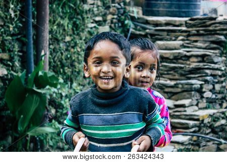 Bandipur Nepal October 15, 2018 Closeup Of Young Children Playing And Having Fun Together In Bandipu