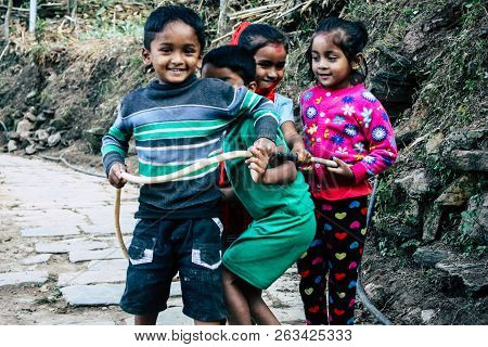Bandipur Nepal October 15, 2018 Closeup Of Young Children Playing And Having Fun Together In Bandipu