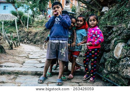 Bandipur Nepal October 15, 2018 Closeup Of Young Children Playing And Having Fun Together In Bandipu