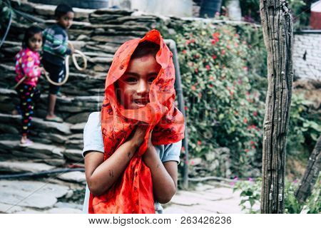 Bandipur Nepal October 15, 2018 Closeup Of Young Children Playing And Having Fun Together In Bandipu