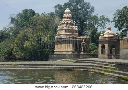 Temple On Krishna Ghat, Menavali, Wai, Maharashtra, India. These Temples Are Located Behind The Phad