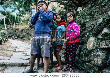 Bandipur Nepal October 15, 2018 Closeup Of Young Children Playing And Having Fun Together In Bandipu