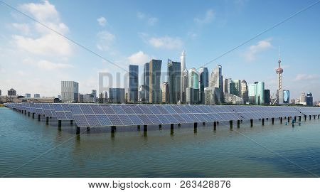 Shanghai Skyline With Solar Power Plant