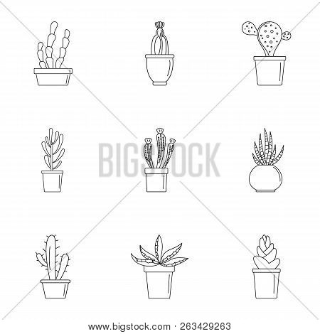 Home Cactus Plant Icon Set. Outline Set Of 9 Home Cactus Plant Vector Icons For Web Design Isolated 