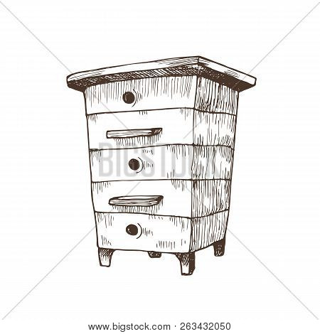 Hand Drawn National Beehive In Sketch Style. Vector Illustration. Wooden Box Hive Isolated On White 