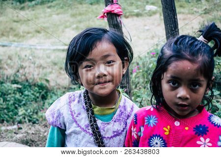 Bandipur Nepal October 15, 2018 Closeup Of Young Children Playing And Having Fun Together In Bandipu