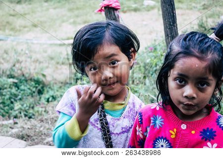 Bandipur Nepal October  15, 2018 Closeup Of Young Children Playing And Having Fun Together In Bandip