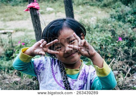 Bandipur Nepal October 15, 2018 Closeup Of Young Children Playing And Having Fun Together In Bandipu
