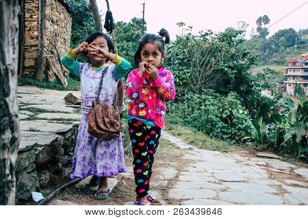 Bandipur Nepal October 15, 2018 Closeup Of Young Children Playing And Having Fun Together In Bandipu