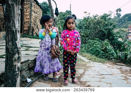 Bandipur Nepal October 15, 2018 Closeup Of Young Children Playing And Having Fun Together In Bandipu