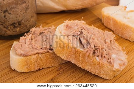 Two Homemade Rillettes French Meat Spread Made Of Pork On A Baguette Bread Macro Shot