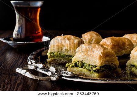 Turkish Dessert Baklava With Tea On Silver Tray.
