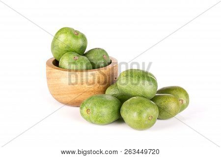Lot Of Whole Cocktail Fresh Green Mini Baby Kiwi Fruit With Wooden Bowl Isolated On White Background
