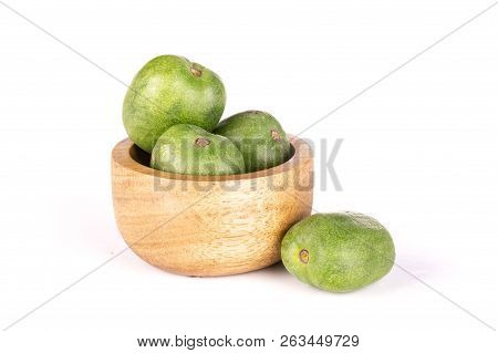 Lot Of Whole Fresh Green Mini Baby Kiwi Fruit One Is Near It With Wooden Bowl Isolated On White Back