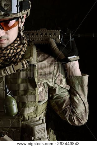 Macro Portrait Of A Military Man Sniper