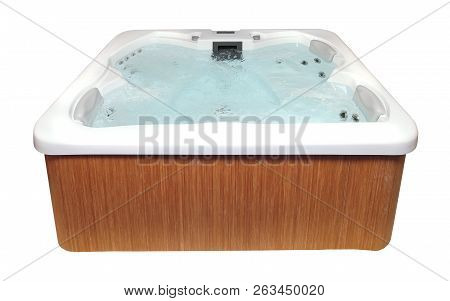 Modern Hydromassage Bathtub With Wooden Edge Isolated On White Background