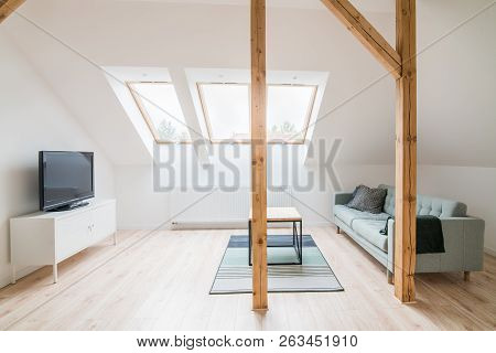 Slanted Ceiling Living Room. Modern Bright Flat Apartment In The Attic