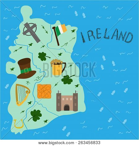 Illustrated Map Of Ireland National Elements In Doodle Style. Editable Vector Illustration