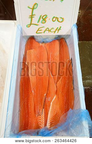 Salmon Fillet At Billingsgate Fish Market In Poplar, London, Uk.