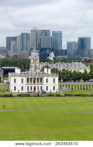 London, Uk - July 8, 2016: Canary Wharf View In Greenwich, London, Uk. Royal Borough Of Greenwich Is