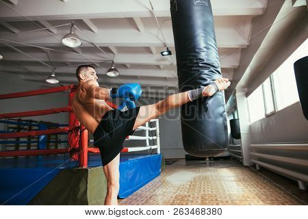 Male Boxer Workout High Kick On The Punching Bag In Gym. Sport Concept