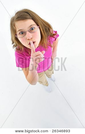 Gesture girl to her lips to indicate silence.