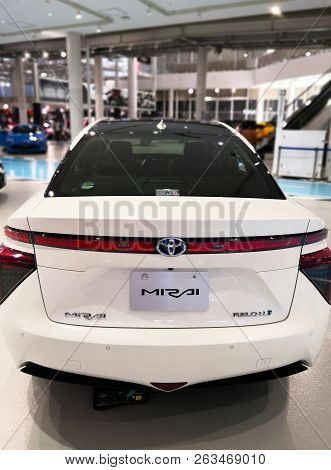 Tokyo, Japan - July 02, 2018: Toyota Mirai Is A Hydrogen Fuel Cell Hybrid Vehicle Exhibited At The T