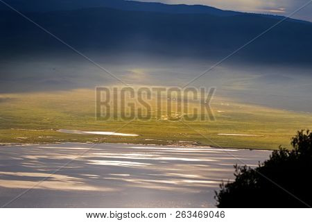 Scenic morning view of seasonal salt lake, Lake Magadi, also called Makat, center of Ngorongoro Crater Conservation Area in Tanzania, East Africa 