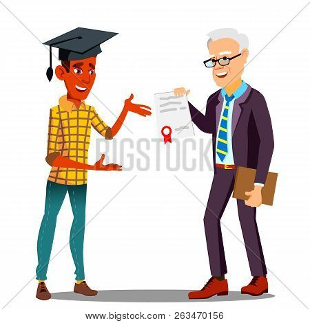 Rector Presenting Diploma To Happy Student In Graduate Cap Vector. Isolated Illustration