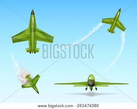 Set Of Military Aircraft, Fighter Jet. Camouflage Combat Plane In Different Views, Downed Aviation, 