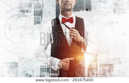 Confident And Young Businessman In Smart-casual Wear Smoking Pipe And Modern Cityscape With Business
