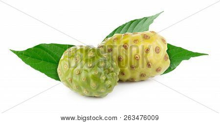 Noni Or Morinda Citrifolia Fruits And Green Leaf Isolated On White Background