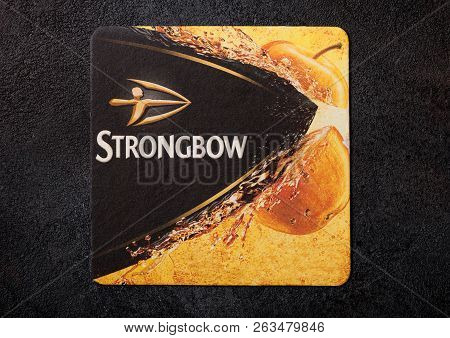 London, Uk - August 22, 2018: Strongbow Cider Original Paper Mat Coaster On Black Background.