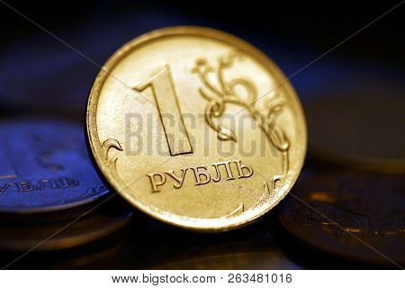 Obverse Of Coin One Russian Ruble, New Russian Coin - One Rouble, Russian Ruble On The Coin Backgrou