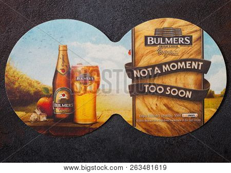 London, Uk - August 22, 2018: Bulmers Cider Original Paper Mat Coaster On Black Background.